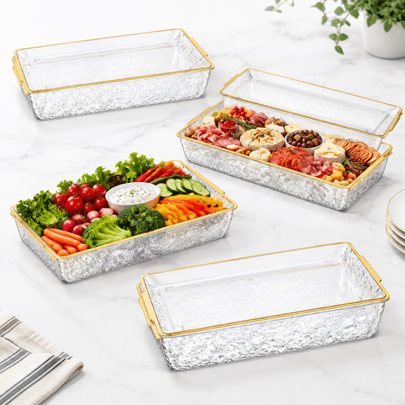 4 Set 16" X 9" Chilled Serving Tray Withpartments Rim