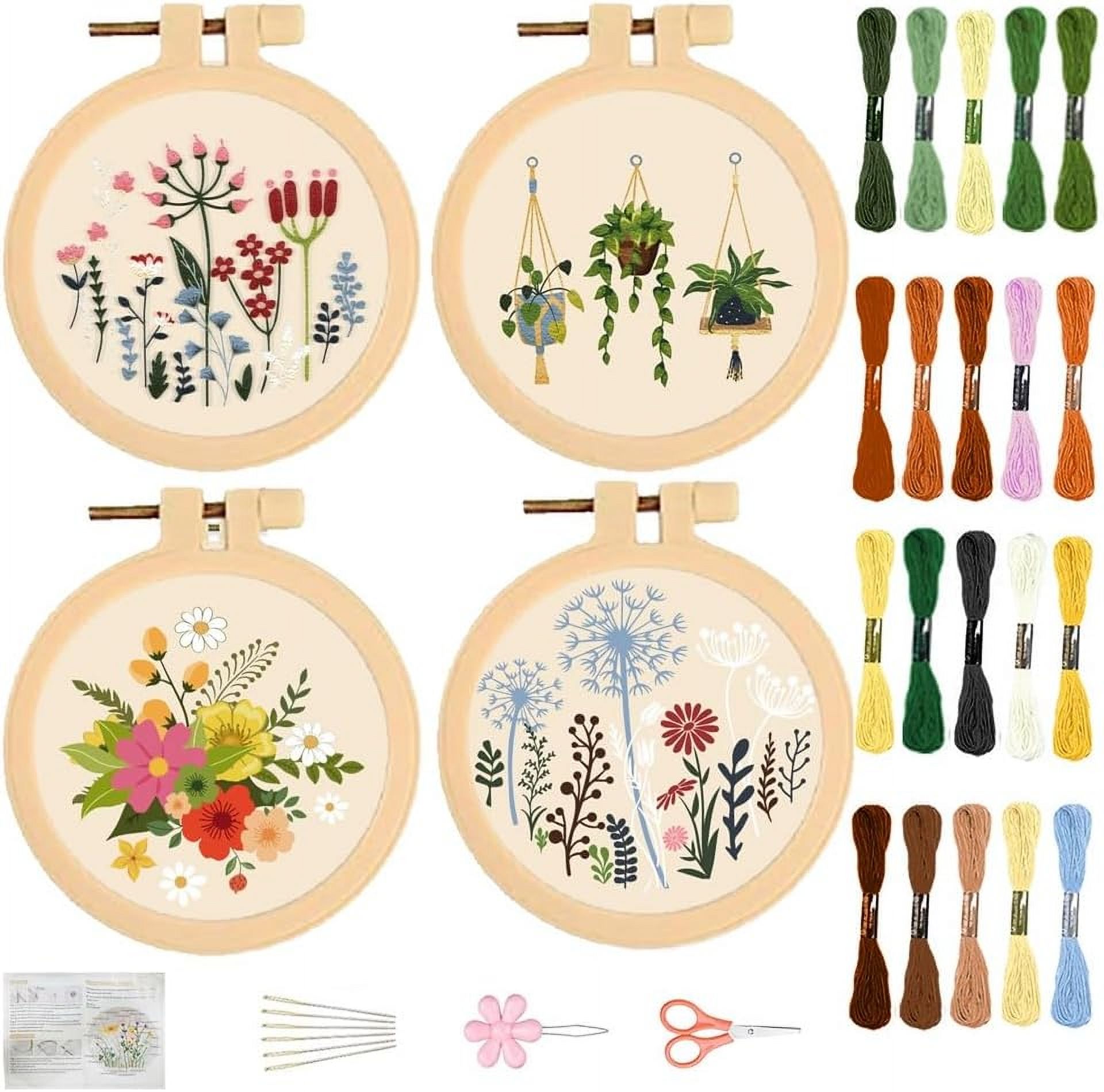 Mini Embiodery Set 4 Set 3.7'' Small Embroidery Starter Kit with Plant Patterns 4 Styles ...