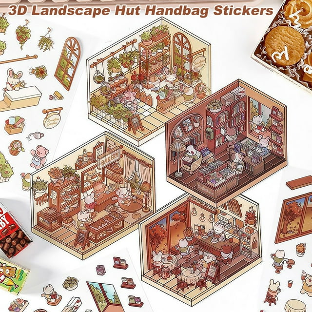 4 Set 3D DIY House Scene Stickers Stress Relief Decals Supermarket