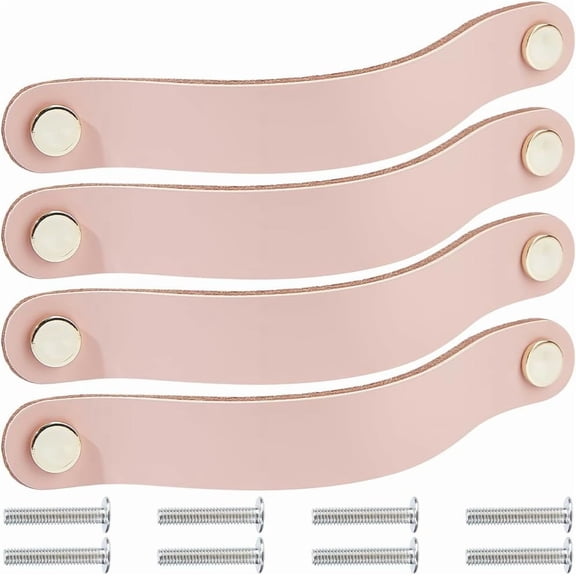 4 Set 4 Pack Genuine Leather Drawer Pulls Cabinet Handles 8 Inch Leather Hardware Dresser Decorative Handle Handmade Soft Kitchen Wardrobe Door Knobs with Screw for Furniture Cupboards (Pink)