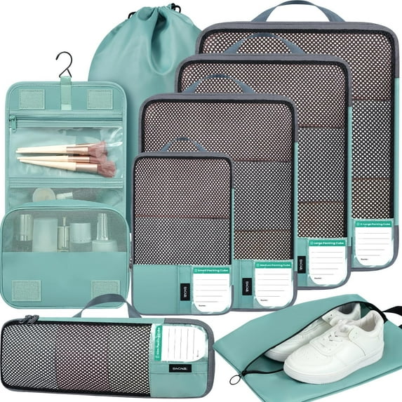 4 Set/6 Set/8 Set Compression Packing Cubes Travel Accessories Expandable Packing Organizers (Square Mesh, 05-Beige)