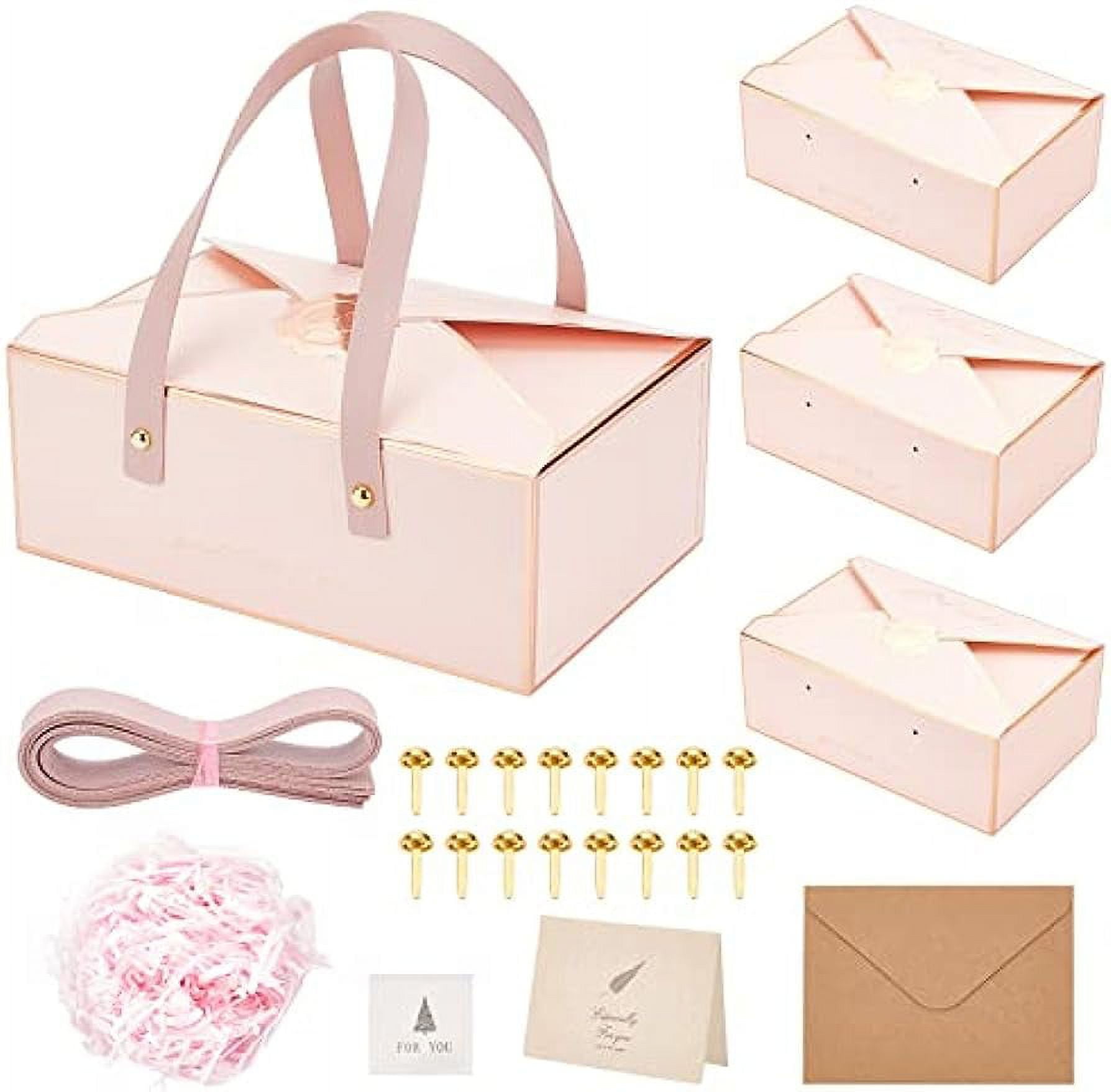 4 Set 8.45x5.5x3.15 Pink Kraft Paper Box with Leather Handle Raffia ...