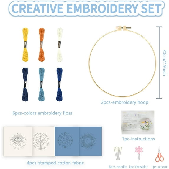 4 Set 8'' Eyes and Moon Embroidery Kits for Beginners Full Range of Embroidery Kits to Learn Needlepoint Kits with Embroidery Hoops and Cloth Color Threads and Instruction