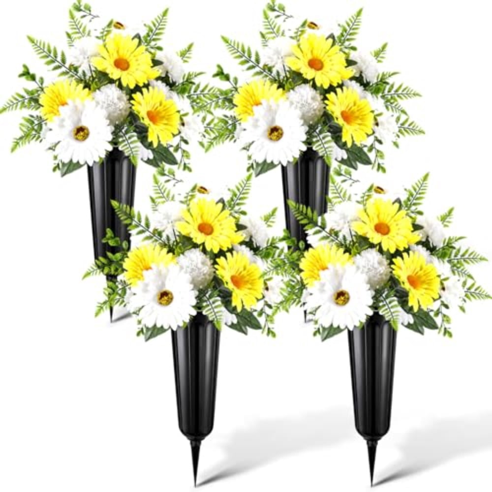 4 Set 8 Pcs Easter Cemetery Flowers with Grave Vase Artificial Mums ...
