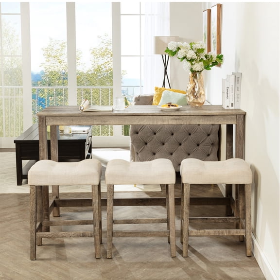 4 Set Bar Table and Chairs,Breakfast Table with 3 Stool,Bar Table with Power Outlet for Living Room,Farmhouse Upholstered Chairs for Dining Room,