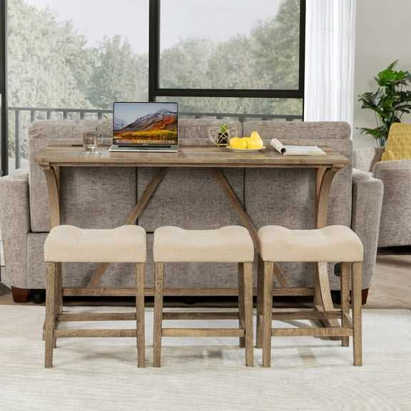 4 Set Bar Table and Chairs,Breakfast Table with 3 Stool,Bar Table with Power Outlet for Living Room,Farmhouse Upholstered Chairs for Dining Room,