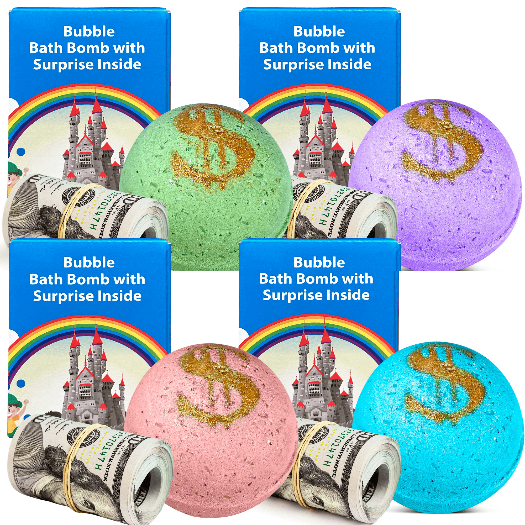 4 Set Bath Bombs with Money Surprise Inside - Prize up to 100 Inside - Handmade from Natural and Organic Ingredients - Made in USA