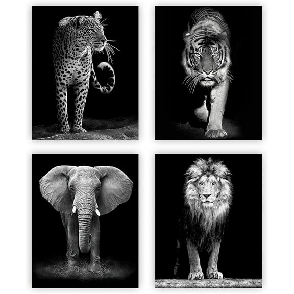 4 Set-Black and White African Wild Animal Photo Wall Art,Tiger,Lion,Elephant, Leopard Picture Canvas Wall Poster Printing,Brave Inspirational Wall Art For Bedroom Living Room Decor(8"x 10"Unframed)