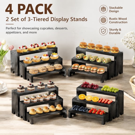 4 Set Black Wooden Tiered Riser Display Stands Stackable Wood Cupcake and Dessert Table Display Risers for Vendor Events and Parties