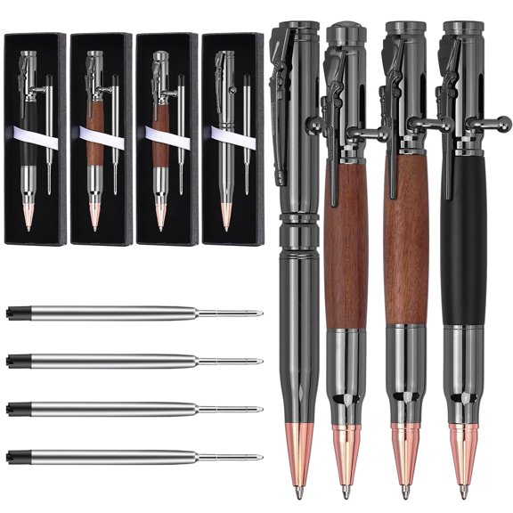 4 Set Bolt Action Pen with Compass Rifle Clip Solid Brass Wood Pen Gift Box Black Refills