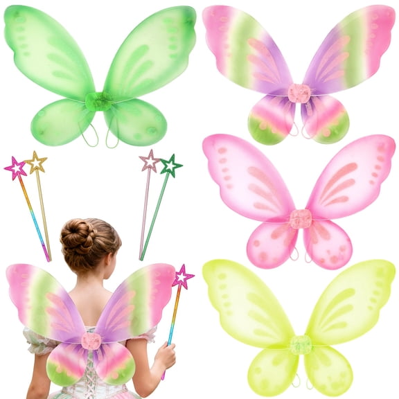 4 Set Butterfly Fairy Wings Costume with Star Wand, Fairy Wings for Dress up Party Halloween Role Play Accessories