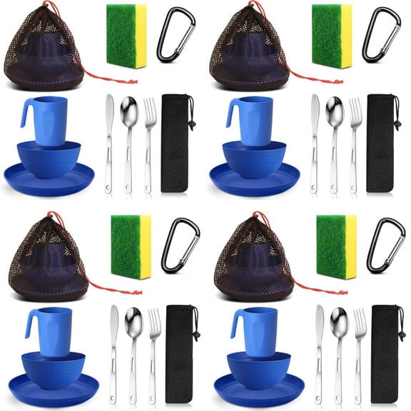4 Set Camping Mess Set with Mesh Bag, Reusable Lightweight Cutlery, Plastic Cups, Bowls, Plates, Sponge, Essential for Travel Camping