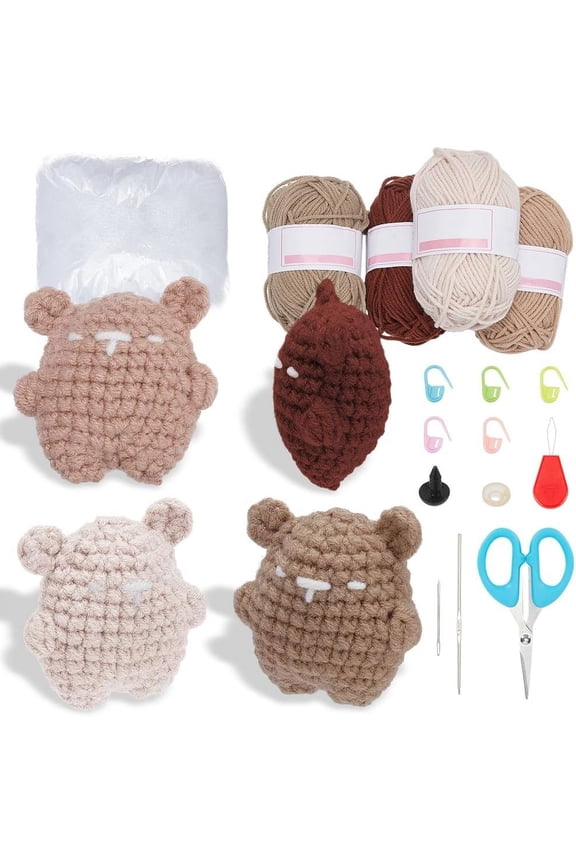 4 Set Crochet Bear Kit Beginners Crochet Kit Complete Animal Crochet Yarn Set Crochet Knitting Kits Starters Crochet Set Mini Bag Pendant Keychain Craft Art with Video Tutorials