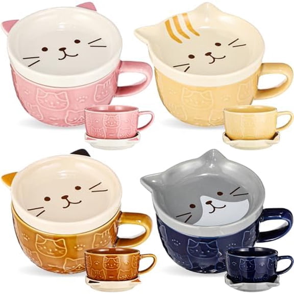 4 Set Cute Cat Mug with Lid Ceramic Coffee Tea Mug 10oz Kawaii Kitten Cups for Cat Lovers Funny Novelty Milk Breakfast Cups Nurse Christmas Birthday Gift for Women Wife Mum Friend Men