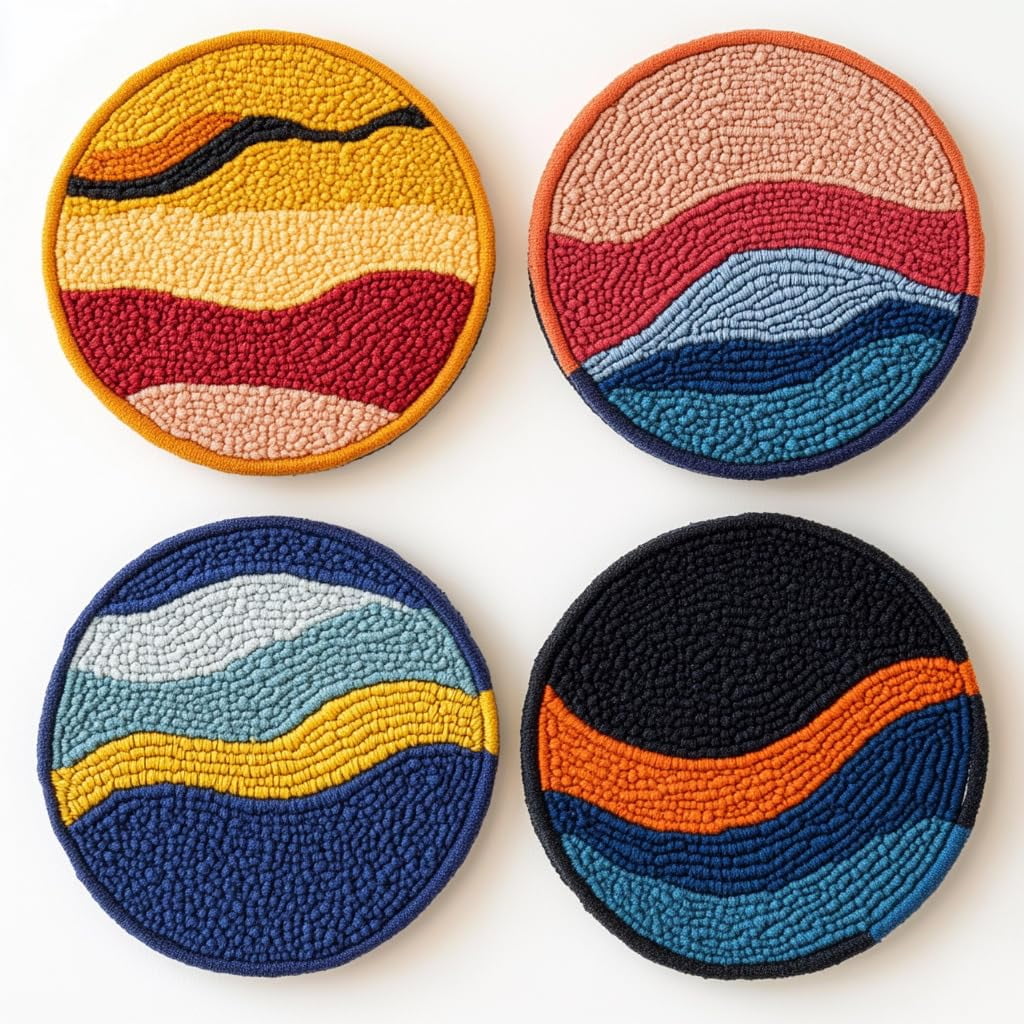 4 Set DIY Punch Needle Coaster Kits Abstract Colorful Wave Easy for Beginners with Adhesive Felt Hoop Punch Needle Embroidery Starter Set with Pattern for Drink Cups Mat Home Decor-8