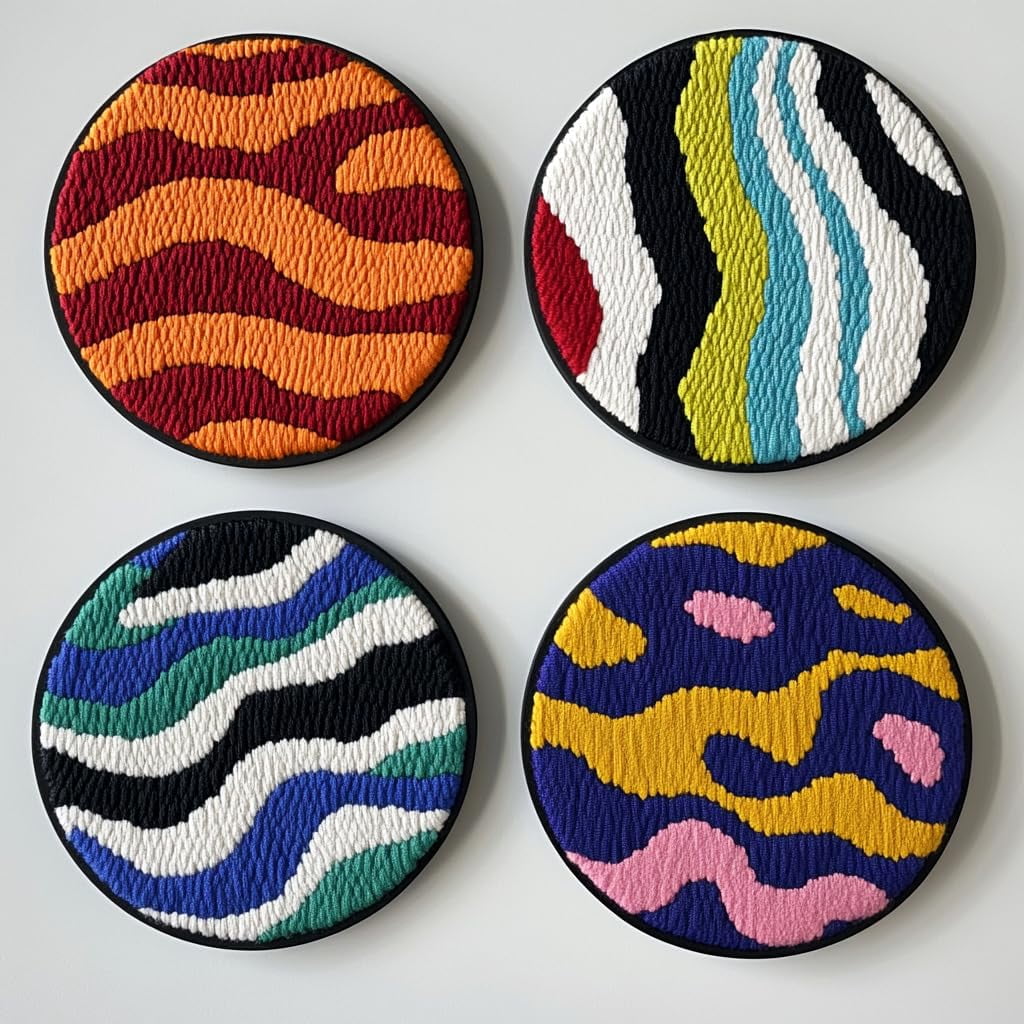 4 Set DIY Punch Needle Coaster Kits Abstract Colorful Wave Easy for Beginners with Adhesive Felt Hoop Punch Needle Embroidery Starter Set with Pattern for Drink Cups Mat Home Decor-1