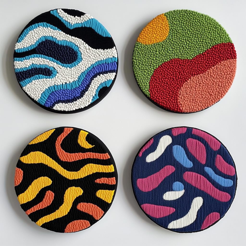 4 Set DIY Punch Needle Coaster Kits Abstract Colorful Wave Easy for Beginners with Adhesive Felt Hoop Punch Needle Embroidery Starter Set with Pattern for Drink Cups Mat Home Decor-2