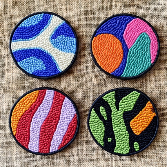 4 Set DIY Punch Needle Coaster Kits Abstract Colorful Wave Easy for Beginners with Adhesive Felt Hoop Punch Needle Embroidery Starter Set with Pattern for Drink Cups Mat Home Decor-6