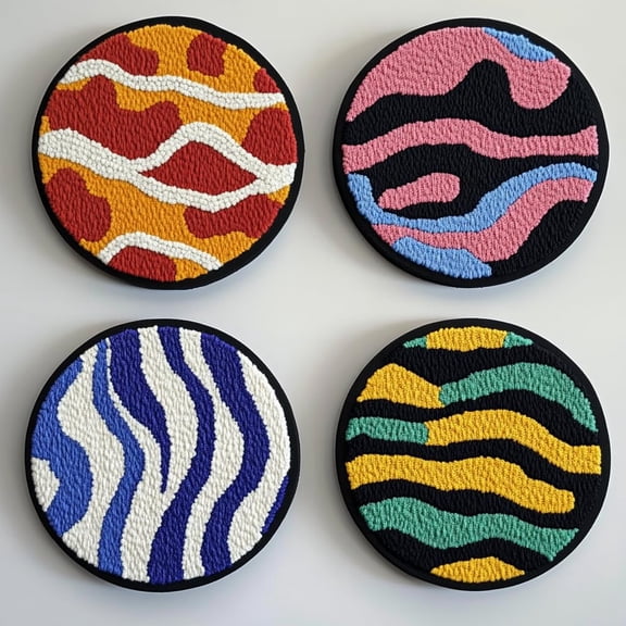 4 Set DIY Punch Needle Coaster Kits Abstract Colorful Wave Easy for Beginners with Adhesive Felt Hoop Punch Needle Embroidery Starter Set with Pattern for Drink Cups Mat Home Decor-3