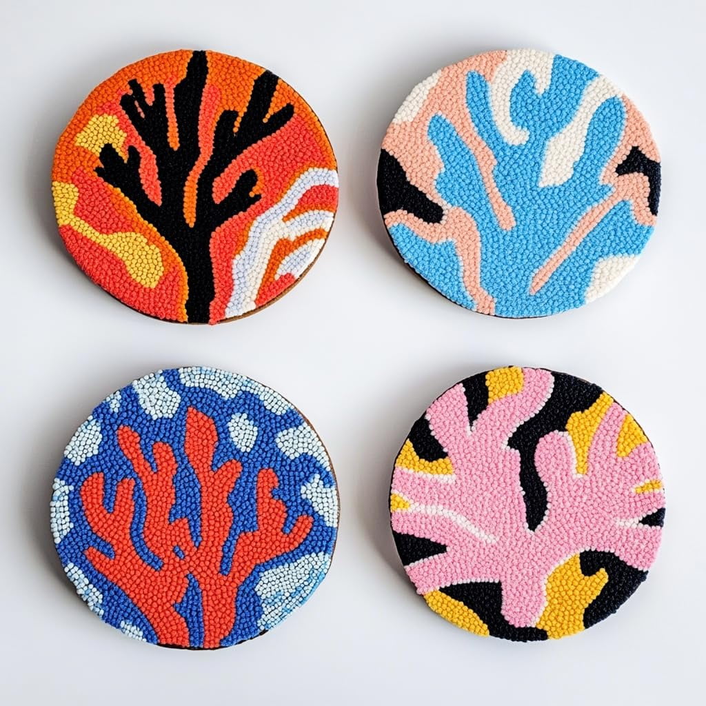 4 Set DIY Punch Needle Coaster Kits Abstract Colorful Wave Easy for Beginners with Adhesive Felt Hoop Punch Needle Embroidery Starter Set with Pattern for Drink Cups Mat Home Decor-10