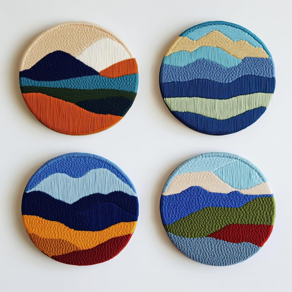 4 Set DIY Punch Needle Coaster Kits Abstract Colorful Wave Easy for Beginners with Adhesive Felt Hoop Punch Needle Embroidery Starter Set with Pattern for Drink Cups Mat Home Decor-11