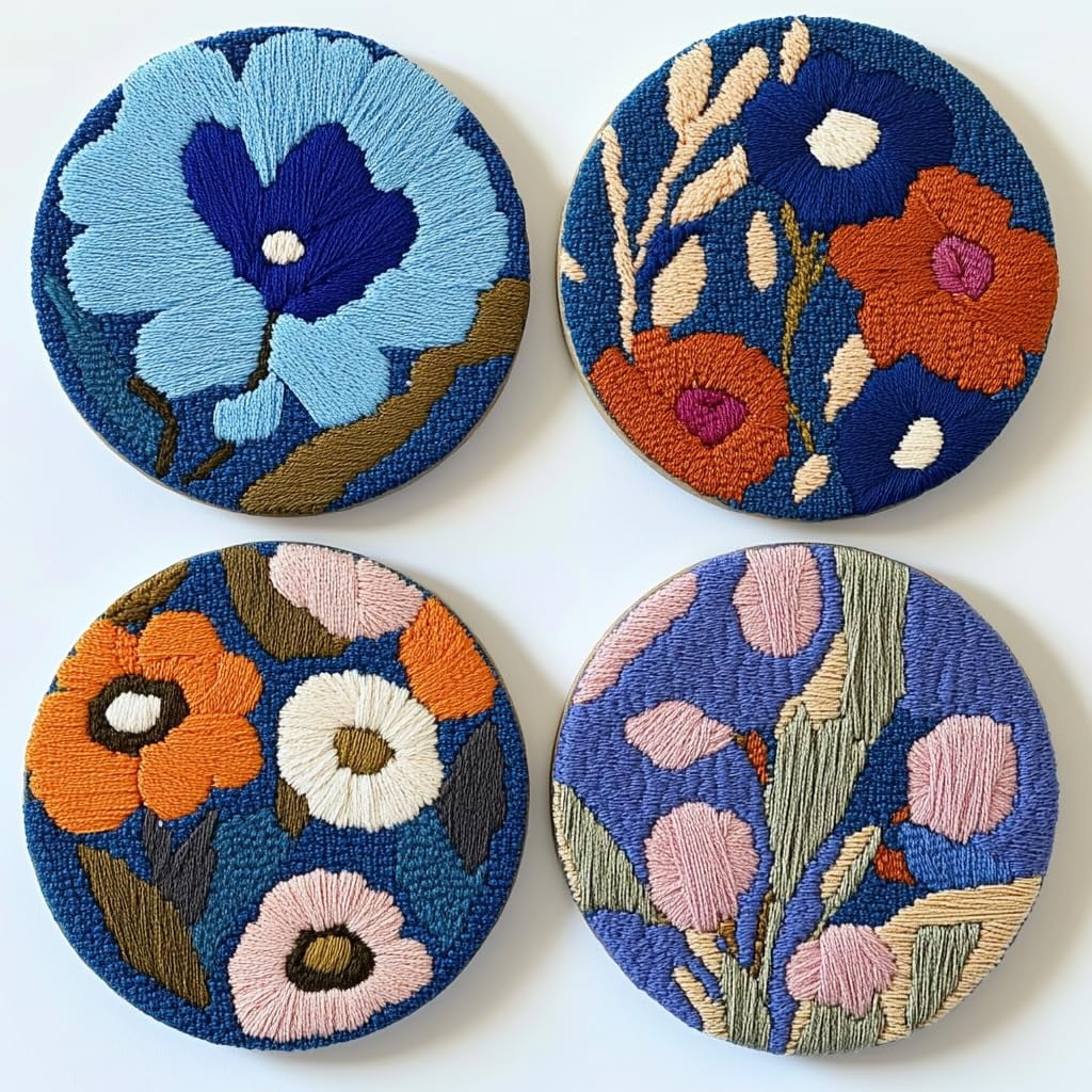 4 Set DIY Punch Needle Coaster Kits Abstract Cute Flowers Easy for Beginners with Adhesive Felt Hoop Punch Needle Embroidery Starter Set with Pattern for Drink Cups Mat Home Decor-1