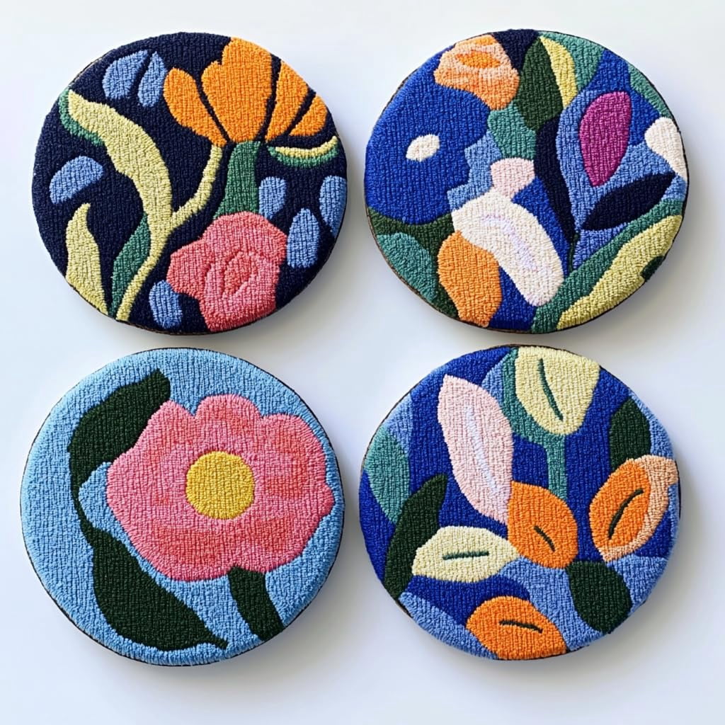4 Set DIY Punch Needle Coaster Kits Abstract Cute Flowers Easy for Beginners with Adhesive Felt Hoop Punch Needle Embroidery Starter Set with Pattern for Drink Cups Mat Home Decor-4