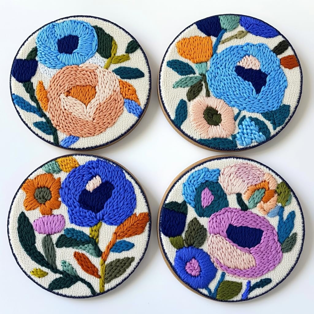 4 Set DIY Punch Needle Coaster Kits Abstract Cute Flowers Easy for Beginners with Adhesive Felt Hoop Punch Needle Embroidery Starter Set with Pattern for Drink Cups Mat Home Decor-5