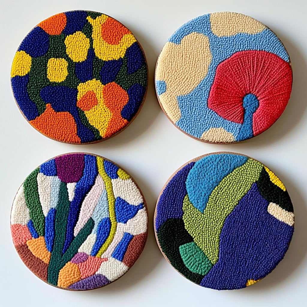 4 Set DIY Punch Needle Coaster Kits Abstract Cute Flowers Easy for Beginners with Adhesive Felt Hoop Punch Needle Embroidery Starter Set with Pattern for Drink Cups Mat Home Decor-1