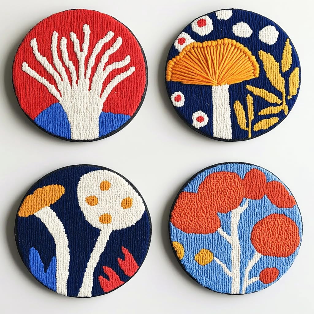 4 Set DIY Punch Needle Coaster Kits Abstract Cute Flowers Easy for Beginners with Adhesive Felt Hoop Punch Needle Embroidery Starter Set with Pattern for Drink Cups Mat Home Decor-2