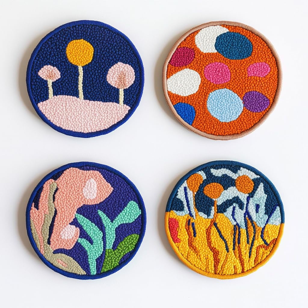 4 Set DIY Punch Needle Coaster Kits Abstract Cute Flowers Easy for Beginners with Adhesive Felt Hoop Punch Needle Embroidery Starter Set with Pattern for Drink Cups Mat Home Decor-3