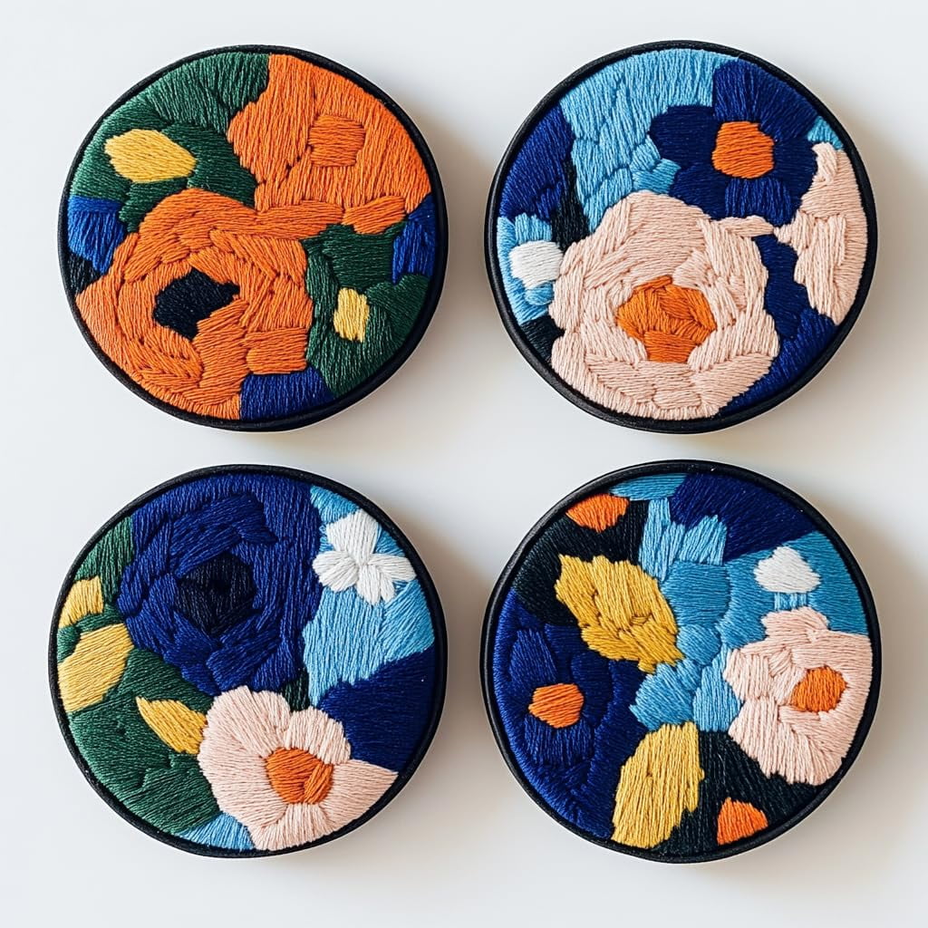 4 Set DIY Punch Needle Coaster Kits Abstract Cute Flowers Easy for Beginners with Adhesive Felt Hoop Punch Needle Embroidery Starter Set with Pattern for Drink Cups Mat Home Decor-3