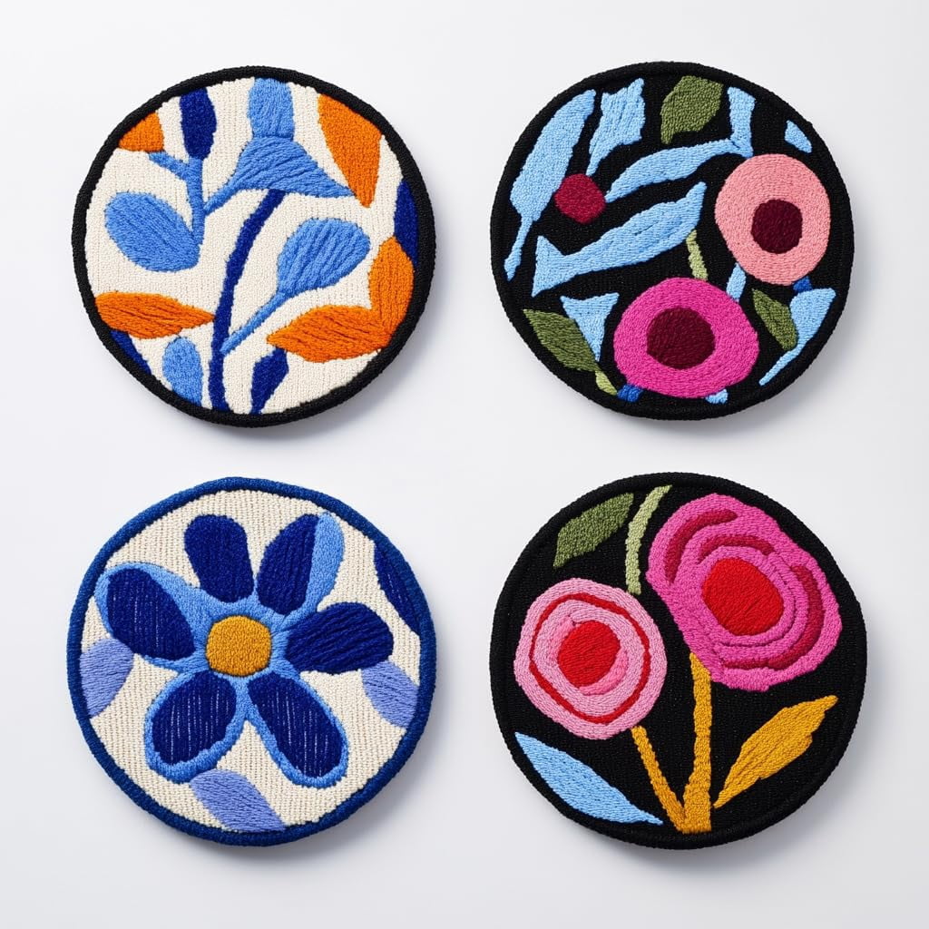 4 Set DIY Punch Needle Coaster Kits Abstract Cute Flowers Easy for Beginners with Adhesive Felt Hoop Punch Needle Embroidery Starter Set with Pattern for Drink Cups Mat Home Decor-7