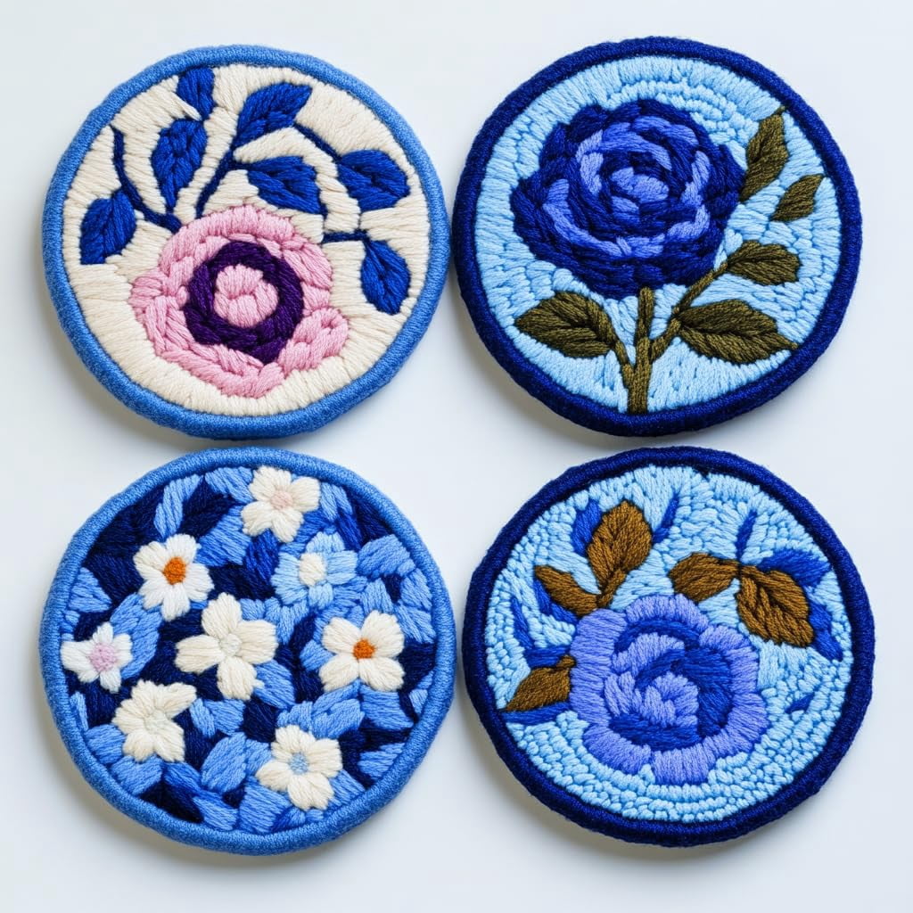 4 Set DIY Punch Needle Coaster Kits Abstract Cute Flowers Easy for Beginners with Adhesive Felt Hoop Punch Needle Embroidery Starter Set with Pattern for Drink Cups Mat Home Decor-2