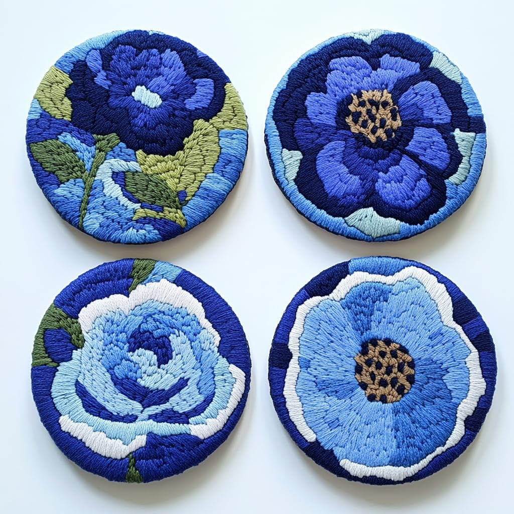 4 Set DIY Punch Needle Coaster Kits Abstract Cute Flowers Easy for Beginners with Adhesive Felt Hoop Punch Needle Embroidery Starter Set with Pattern for Drink Cups Mat Home Decor-5