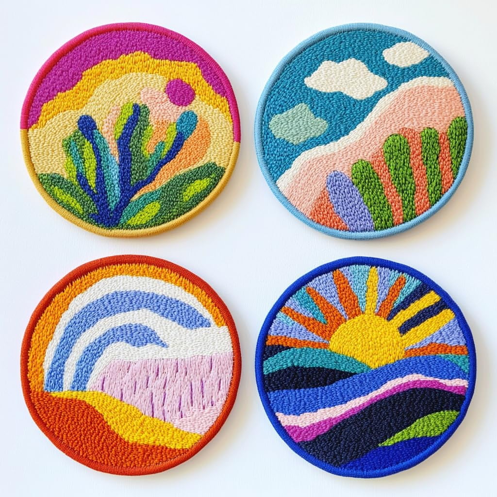 4 Set DIY Punch Needle Coaster Kits Abstract Flower Sunset Easy for Beginners with Adhesive Felt Hoop Punch Needle Embroidery Starter Set with Pattern for Drink Cups Mat Home Decor-3