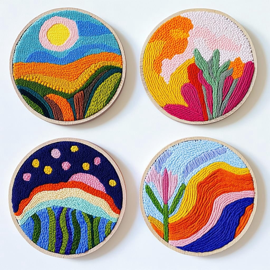 4 Set DIY Punch Needle Coaster Kits Abstract Flower Sunset Easy for Beginners with Adhesive Felt Hoop Punch Needle Embroidery Starter Set with Pattern for Drink Cups Mat Home Decor-1