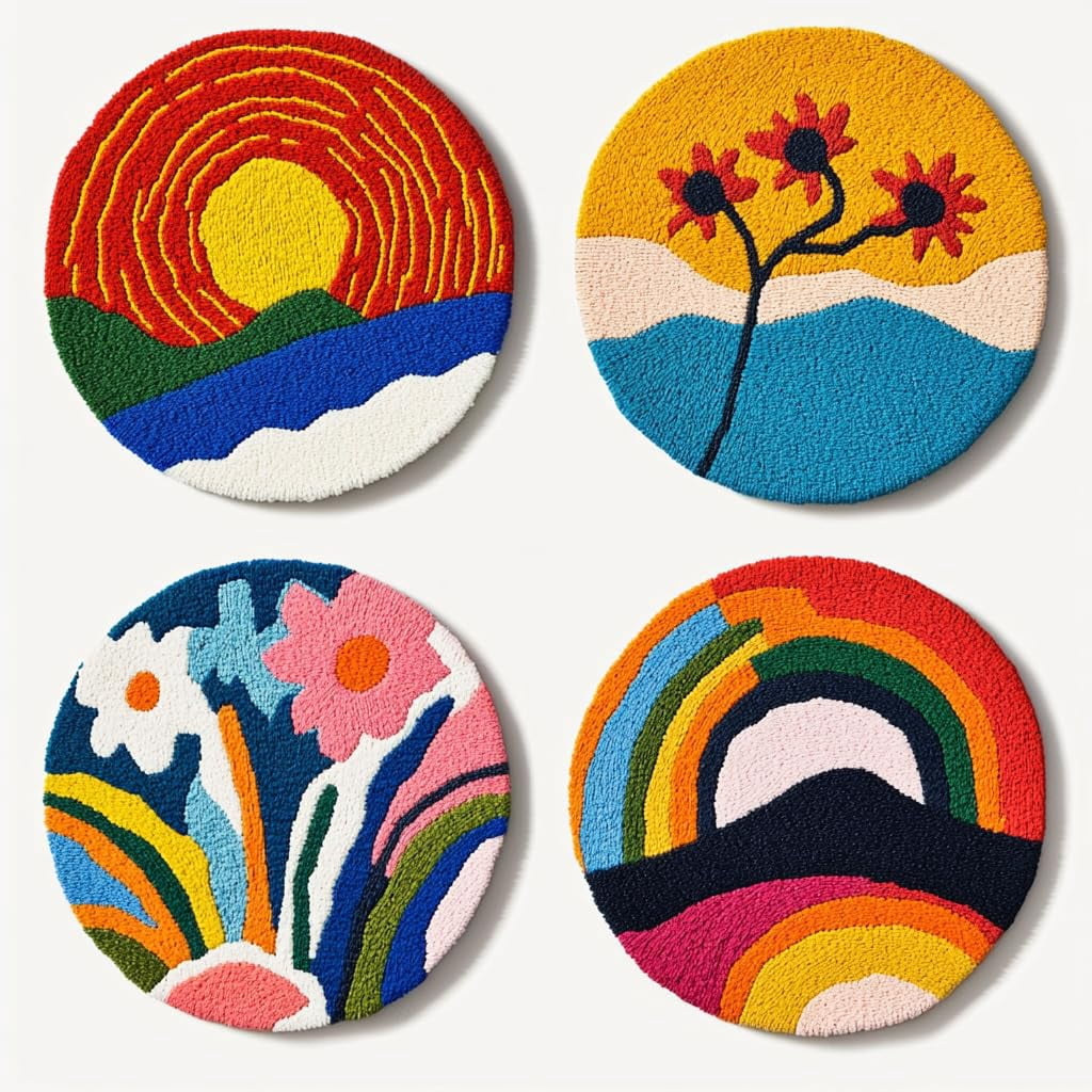4 Set DIY Punch Needle Coaster Kits Abstract Flower Sunset Easy for Beginners with Adhesive Felt Hoop Punch Needle Embroidery Starter Set with Pattern for Drink Cups Mat Home Decor-2