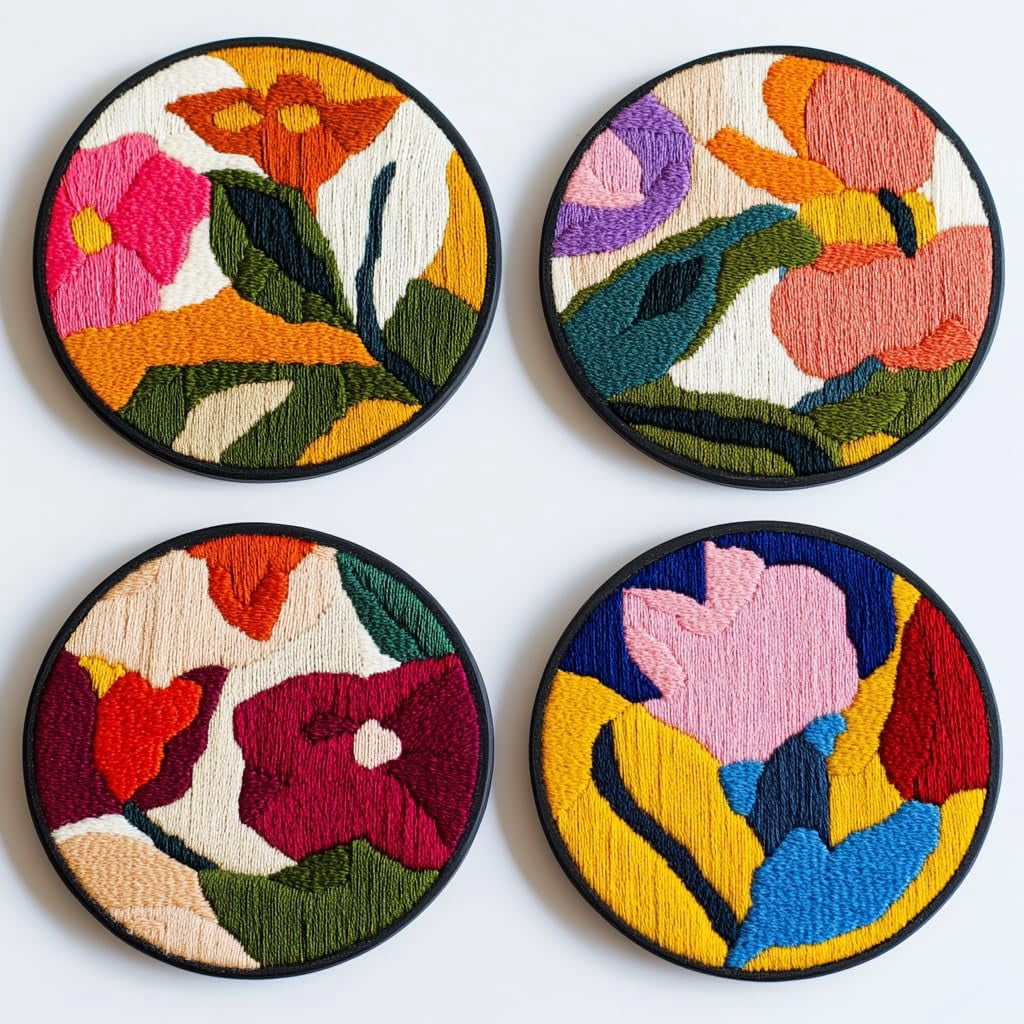 4 Set DIY Punch Needle Coaster Kits Abstract Flowers Easy for Beginners with Adhesive Felt Hoop Punch Needle Embroidery Starter Set with Pattern for Drink Cups Mat Home Decor