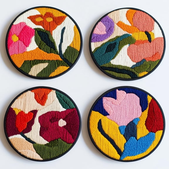 4 Set DIY Punch Needle Coaster Kits Abstract Flowers Easy for Beginners with Adhesive Felt Hoop Punch Needle Embroidery Starter Set with Pattern for Drink Cups Mat Home Decor