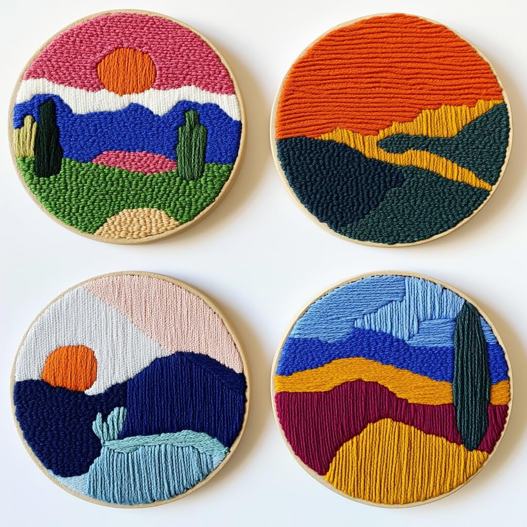 4 Set DIY Punch Needle Coaster Kits Abstract Sea Wave Sunset Flower Easy for Beginners with Adhesive Felt Hoop Punch Needle Embroidery Starter Set with Pattern for Drink Cups Mat Home Decor-7