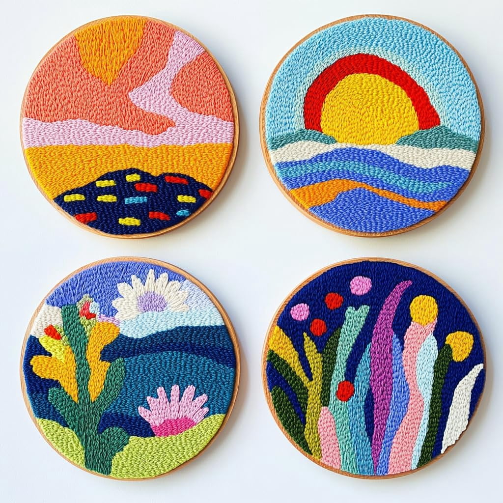 4 Set DIY Punch Needle Coaster Kits Abstract Sea Wave Sunset Flower Easy for Beginners with Adhesive Felt Hoop Punch Needle Embroidery Starter Set with Pattern for Drink Cups Mat Home Decor-5