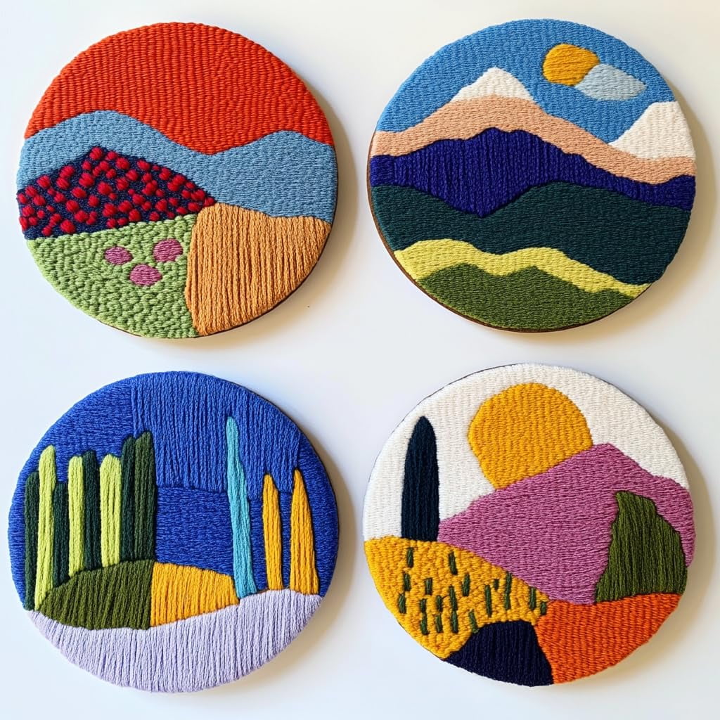 4 Set DIY Punch Needle Coaster Kits Abstract Sea Wave Sunset Flower Easy for Beginners with Adhesive Felt Hoop Punch Needle Embroidery Starter Set with Pattern for Drink Cups Mat Home Decor-19