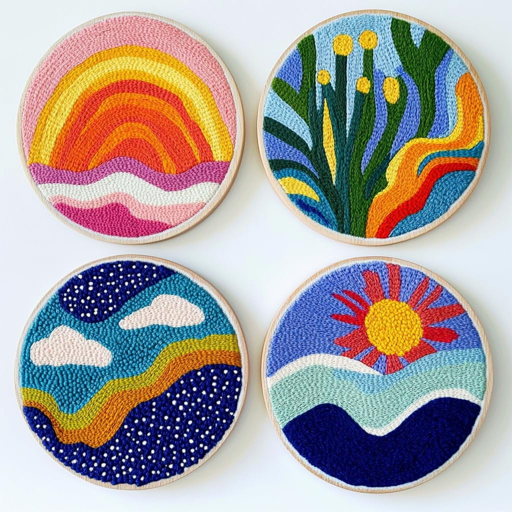 4 Set DIY Punch Needle Coaster Kits Abstract Sea Wave Sunset Flower Easy for Beginners with Adhesive Felt Hoop Punch Needle Embroidery Starter Set with Pattern for Drink Cups Mat Home Decor-17