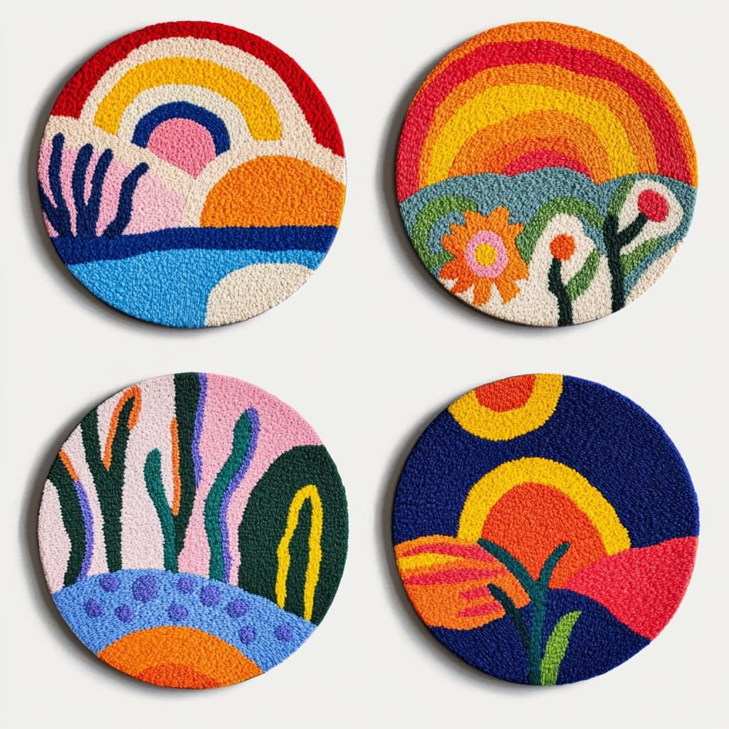 4 Set DIY Punch Needle Coaster Kits Abstract Sea Wave Sunset Flower Easy for Beginners with Adhesive Felt Hoop Punch Needle Embroidery Starter Set with Pattern for Drink Cups Mat Home Decor-28