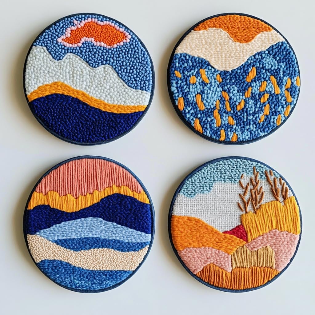 4 Set DIY Punch Needle Coaster Kits Abstract Sea Wave Sunset Flower Easy for Beginners with Adhesive Felt Hoop Punch Needle Embroidery Starter Set with Pattern for Drink Cups Mat Home Decor-12