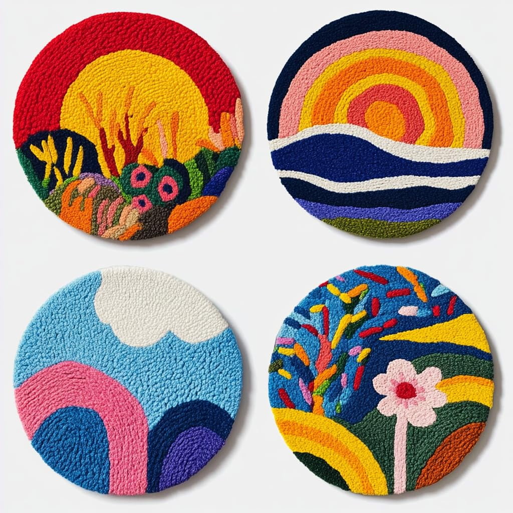 4 Set DIY Punch Needle Coaster Kits Abstract Sea Wave Sunset Flower Easy for Beginners with Adhesive Felt Hoop Punch Needle Embroidery Starter Set with Pattern for Drink Cups Mat Home Decor-20