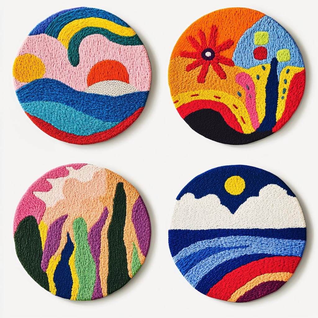4 Set DIY Punch Needle Coaster Kits Abstract Sea Wave Sunset Flower Easy for Beginners with Adhesive Felt Hoop Punch Needle Embroidery Starter Set with Pattern for Drink Cups Mat Home Decor-10