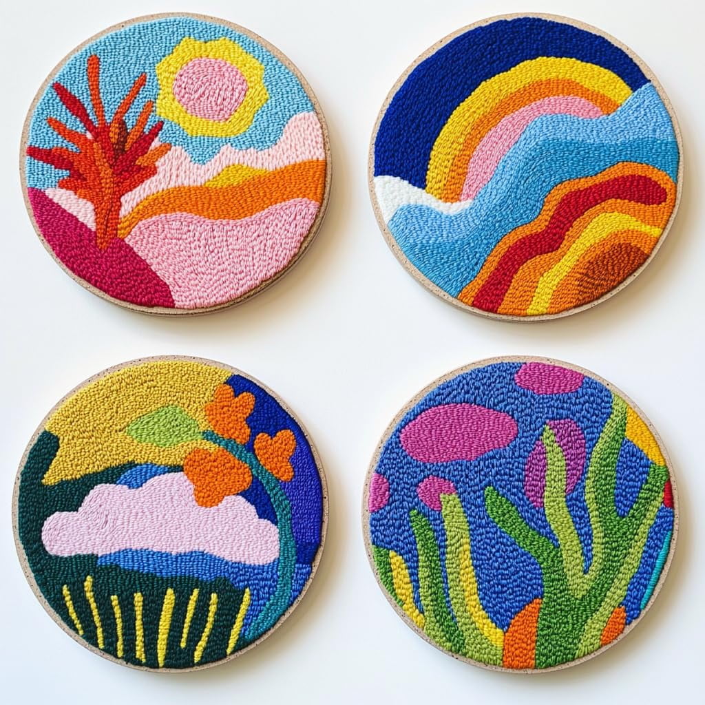 4 Set DIY Punch Needle Coaster Kits Abstract Sea Wave Sunset Flower Easy for Beginners with Adhesive Felt Hoop Punch Needle Embroidery Starter Set with Pattern for Drink Cups Mat Home Decor-8