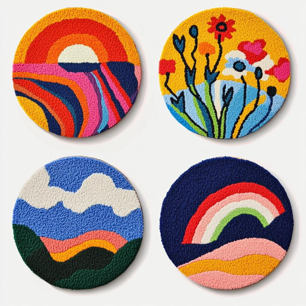 4 Set DIY Punch Needle Coaster Kits Abstract Sea Wave Sunset Flower Easy for Beginners with Adhesive Felt Hoop Punch Needle Embroidery Starter Set with Pattern for Drink Cups Mat Home Decor-11